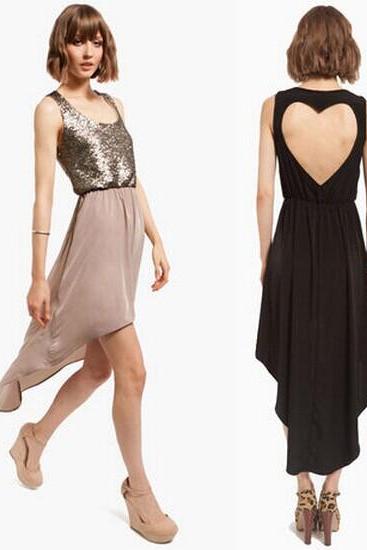 hot sale Fashion Back Heart-shaped Stitching Sequins Chiffon Dress