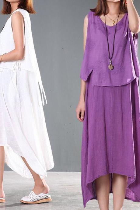 Two Layers Women Maxi Long Skirt Sleeveless Sundress Purple / White 