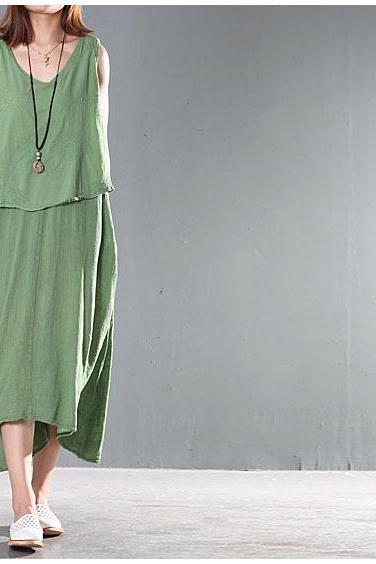 Two Layers Women Maxi Long Skirt Sleeveless Sundress Green 