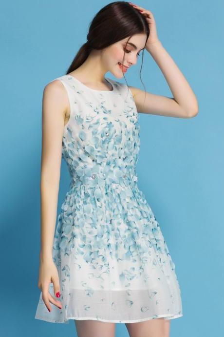 2015 Hot sale Blue Sleeveless Applique Embroidered Chiffon Dress for women