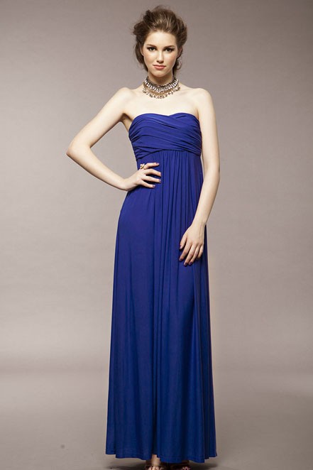 2015 Hot sale Blue Strapless Pleated Chiffon Dress for women