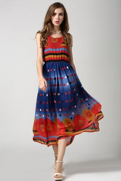 Hot sale Colorful Polka Dot Flower Print Elastic Waist Sleeveless Summer Dress for women