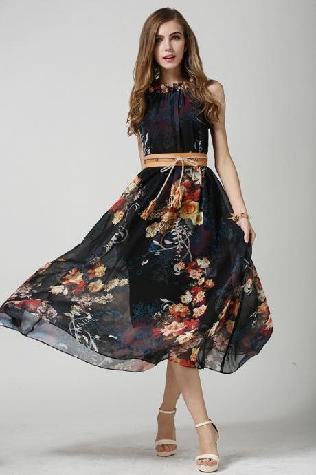 Hot sale High Quality Vintage Print Stand Collar Loose-Fitting Sheer Elegant Dress for women