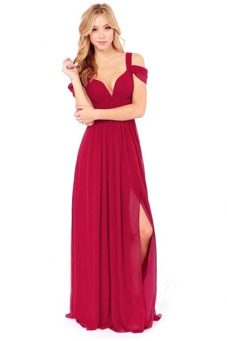 Hot sale Red Split Front V-Neck Sweep Maxi Dress for women