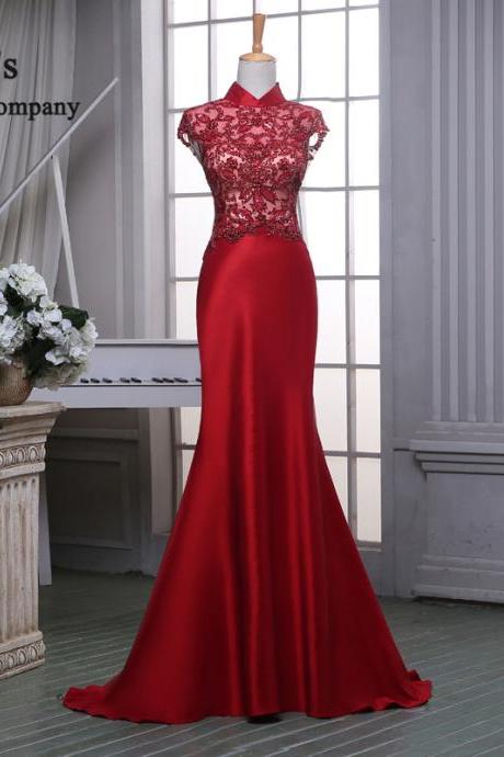 High Neck Vintage Red Lace Evening Dress, Long Evening Dress 2023, Cap Sleeve Evening Gowns, Cheap Formal Dress, Chiffon Prom Dress, Evening Dress 2022, Mermaid Evening Dress