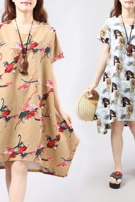 Asymmetric Summer Skirt Loose Floral Cotton Fashion Dress