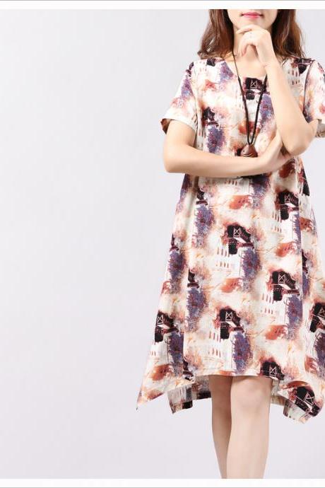 Asymmetric Summer Skirt Loose Floral Cotton Fashion Dress Beige