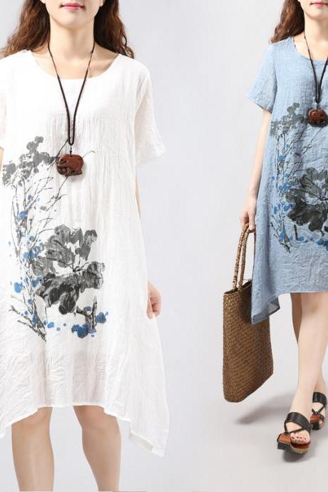 Blue / White Asymmetric Summer Linen Skirt Ink Loose Sundress