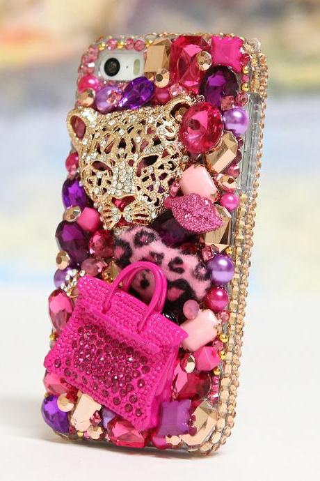 Bling Crystals Phone Case for iPhone 6 / 6s, iPhone 6 / 6s PLUS, iPhone 4, 5, 5S, 5C, Samsung Note 2, Note 3, Note 4, Galaxy S3, S4, S5, S6, S6 Edge, HTC ONE M9 (CHEETAH AND PURSE 3D DESIGN) By LuxAddiction