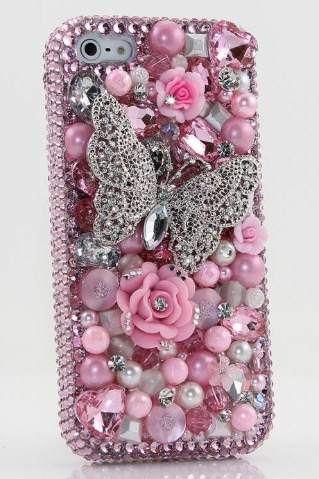 Bling Crystals Phone Case for iPhone 6 / 6s, iPhone 6 / 6s PLUS, iPhone 4, 5, 5S, 5C, Samsung Note 2, Note 3, Note 4, Galaxy S3, S4, S5, S6, S6 Edge, HTC ONE M9 (PINK BUTTERFLY DESIGN) By LuxAddiction