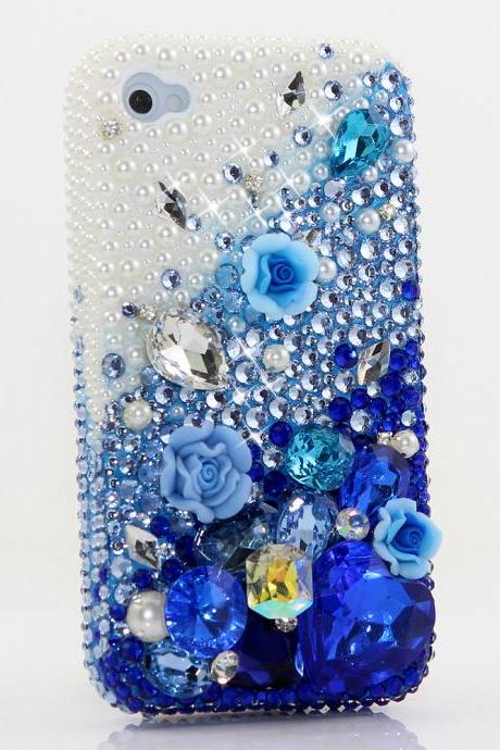 Bling Crystals Phone Case for iPhone 6 / 6s, iPhone 6 / 6s PLUS, iPhone 4, 5, 5S, 5C, Samsung Note 2, Note 3, Note 4, Galaxy S3, S4, S5, S6, S6 Edge, HTC ONE M9 (PEARLS WITH DEEP BLUE DESIGN) By LuxAddiction