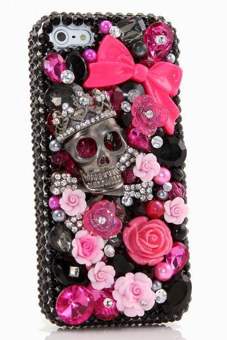 Bling Crystals Phone Case for iPhone 6 / 6s, iPhone 6 / 6s PLUS, iPhone 4, 5, 5S, 5C, Samsung Note 2, Note 3, Note 4, Galaxy S3, S4, S5, S6, S6 Edge, HTC ONE M9 (BLACK SKULL AND WILDROSES DESIGN) By LuxAddiction