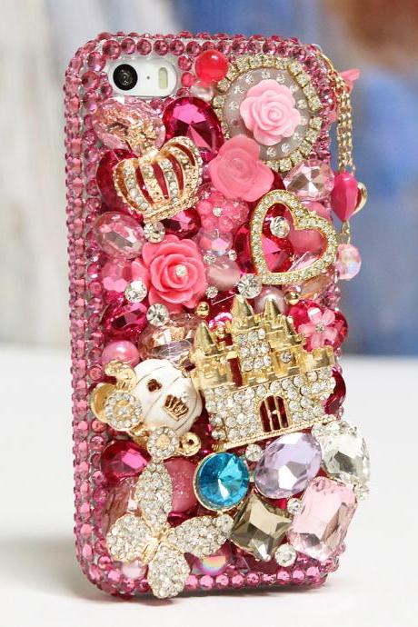 Bling Crystals Phone Case for iPhone 6 / 6s, iPhone 6 / 6s PLUS, iPhone 4, 5, 5S, 5C, Samsung Note 2, Note 3, Note 4, Galaxy S3, S4, S5, S6, S6 Edge, HTC ONE M9 (HOT PINK CASTLE DESIGN WITH PHONE CHARM) By LuxAddiction