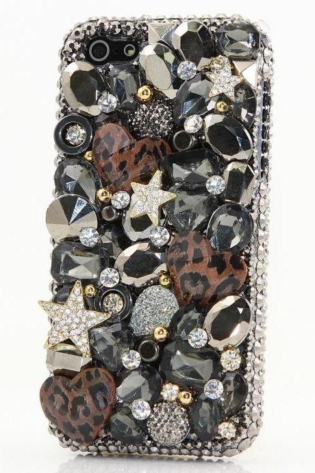 Bling Crystals Phone Case for iPhone 6 / 6s, iPhone 6 / 6s PLUS, iPhone 4, 5, 5S, 5C, Samsung Note 2, Note 3, Note 4, Galaxy S3, S4, S5, S6, S6 Edge, HTC ONE M9 (STARS AND LEOPARD HEARTS DESIGN) By LuxAddiction