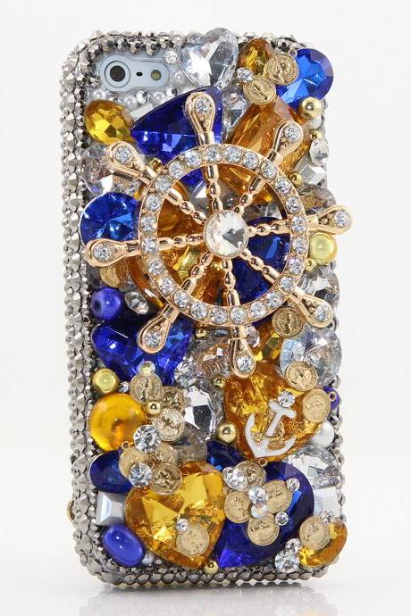 Bling Crystals Phone Case for iPhone 6 / 6s, iPhone 6 / 6s PLUS, iPhone 4, 5, 5S, 5C, Samsung Note 2, Note 3, Note 4, Galaxy S3, S4, S5, S6, S6 Edge, HTC ONE M9 (THE SHIP'S HELM DESIGN) By LuxAddiction
