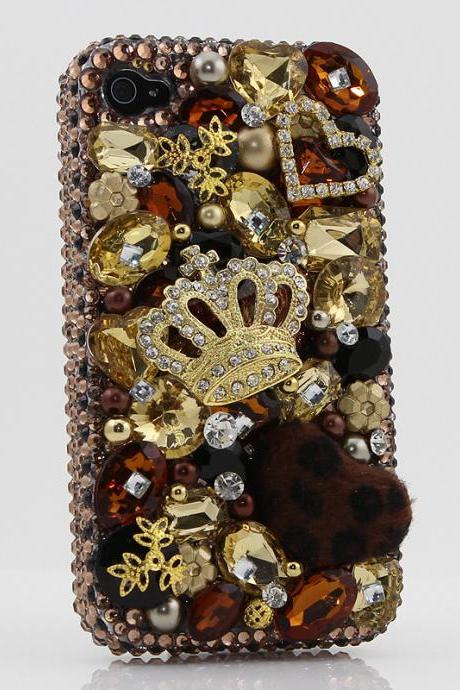 Bling Crystals Phone Case for iPhone 6 / 6s, iPhone 6 / 6s PLUS, iPhone 4, 5, 5S, 5C, Samsung Note 2, Note 3, Note 4, Galaxy S3, S4, S5, S6, S6 Edge, HTC ONE M9 (GOLDEN CROWN WITH LEOPARD FUR BALL DESIGN) By LuxAddiction