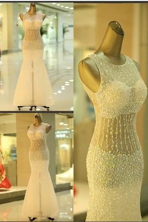 Sexy Mermaid Long Beaded Evening Dress, Sheer White Evening Dress, Affordable Evening Dress, Sparkly Evening Gowns, Formal Party Dress