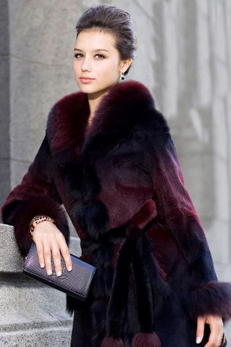 RSSLyn Luxury Overcoats for Women Free Designer Brooch for Luxury Jacket Burgundy Color Fox Fur Coat for Women Winter Deep Red Fox Fur Overcoats