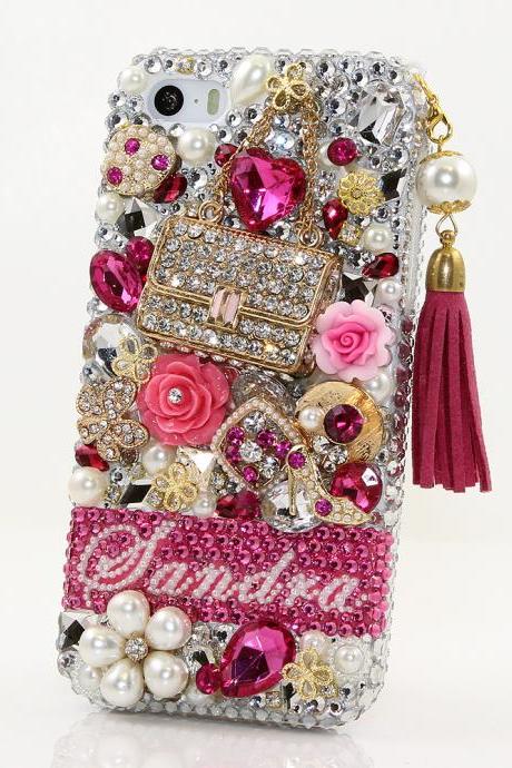 Bling Crystals Phone Case for iPhone 6 / 6s, iPhone 6 / 6s PLUS, iPhone 4, 5, 5S, 5C, Samsung Note 2, Note 3, Note 4, Galaxy S3, S4, S5, S6, S6 Edge, HTC ONE M9 (FASHION PURSE PERSONALIZED NAME & INITIALS DESIGN WITH TASSEL PHONE CHARM) By LuxAddiction