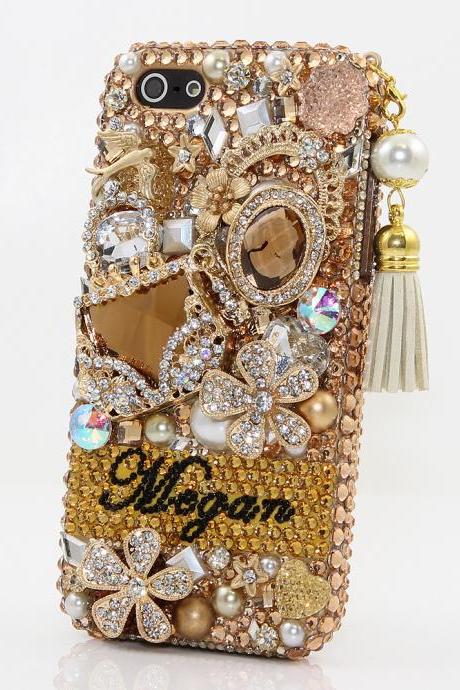 Bling Crystals Phone Case for iPhone 6 / 6s, iPhone 6 / 6s PLUS, iPhone 4, 5, 5S, 5C, Samsung Note 2, Note 3, Note 4, Galaxy S3, S4, S5, S6, S6 Edge, HTC ONE M9 (GOLDEN GLORY PERSONALIZED NAME & INITIALS DESIGN WITH TASSLE PHONE CHARM) By LuxAddiction