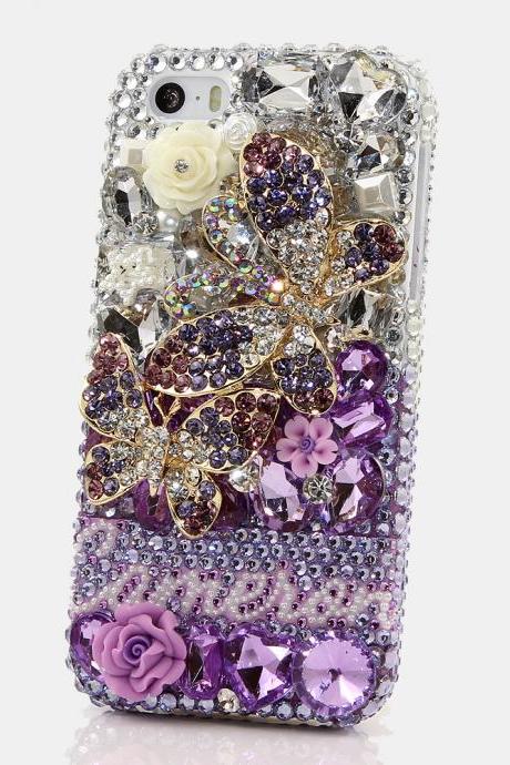 Bling Crystals Phone Case for iPhone 6 / 6s, iPhone 6 / 6s PLUS, iPhone 4, 5, 5S, 5C, Samsung Note 2, Note 3, Note 4, Galaxy S3, S4, S5, S6, S6 Edge, HTC ONE M9 (LAVENDER DOUBLE BUTTERFLY PERSONALIZED NAME & INITIALS DESIGN) By LuxAddiction