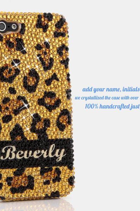 Bling Crystals Phone Case for iPhone 6 / 6s, iPhone 6 / 6s PLUS, iPhone 4, 5, 5S, 5C, Samsung Note 2, Note 3, Note 4, Galaxy S3, S4, S5, S6, S6 Edge, HTC ONE M9 (GOLDEN LEOPARD PERSONALIZED NAME & INITIALS DESIGN) By LuxAddiction
