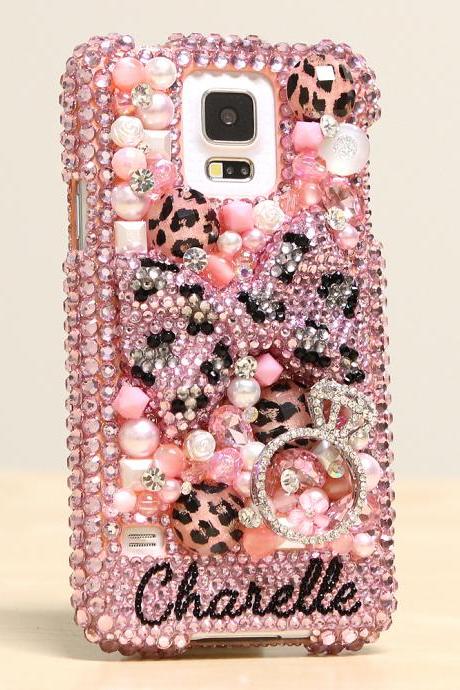 Bling Crystals Phone Case for iPhone 6 / 6s, iPhone 6 / 6s PLUS, iPhone 4, 5, 5S, 5C, Samsung Note 2, Note 3, Note 4, Galaxy S3, S4, S5, S6, S6 Edge, HTC ONE M9 (PINK LEOPARD BOW PERSONALIZED NAME & INITIALS DESIGN) By LuxAddiction