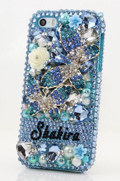 Bling Crystals Phone Case for iPhone 6 / 6s, iPhone 6 / 6s PLUS, iPhone 4, 5, 5S, 5C, Samsung Note 2, Note 3, Note 4, Galaxy S3, S4, S5, S6, S6 Edge, HTC ONE M9 (BLUE DOUBLE BUTTERFLY PERSONALIZED NAME & INITIALS DESIGN) By LuxAddiction