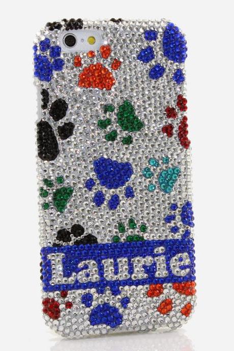 Bling Crystals Phone Case for iPhone 6 / 6s, iPhone 6 / 6s PLUS, iPhone 4, 5, 5S, 5C, Samsung Note 2, Note 3, Note 4, Galaxy S3, S4, S5, S6, S6 Edge, HTC ONE M9 (COLORFUL DOG PAWS PERSONALIZED NAME & INITIALS DESIGN) By LuxAddiction