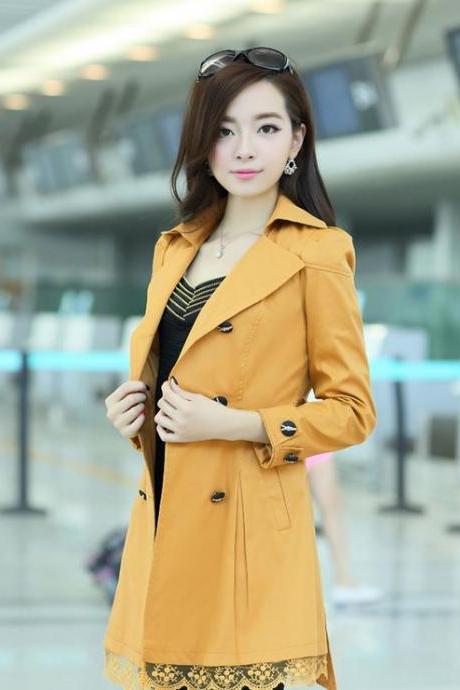 Fashion Golden Color Trench Winter Coat for Women-Women Yellow Coat Winter Lace Coats Polyester Winter Coats