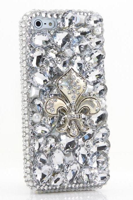 Bling Crystals Phone Case for iPhone 6 / 6s, iPhone 6 / 6s PLUS, iPhone 4, 5, 5S, 5C, Samsung Note 2, Note 3, Note 4, Galaxy S3, S4, S5, S6, S6 Edge, HTC ONE M9 (SILVER FLEUR DE LIS DESIGN) By LuxAddiction