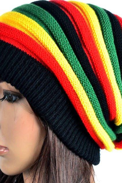 RSSLyn Stripe Beanie Rasta Womens Knitted Hats Handmade Wool Knitted Slouchy Rasta Beanies