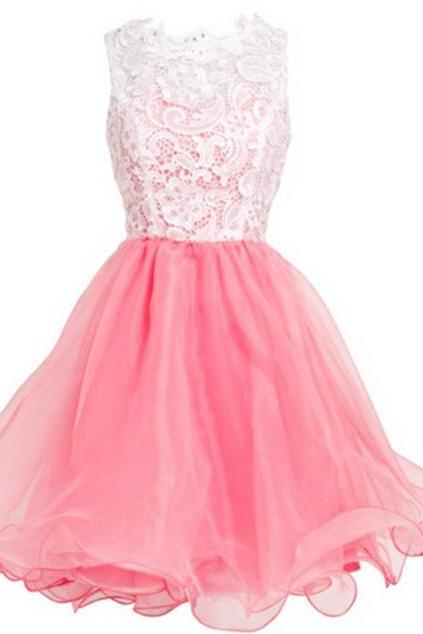 Cute Pink Short Lace Tulle Short Prom Dresses, Pink Homecoming Dresses, Cute Formal Dresses, Mini Dresses