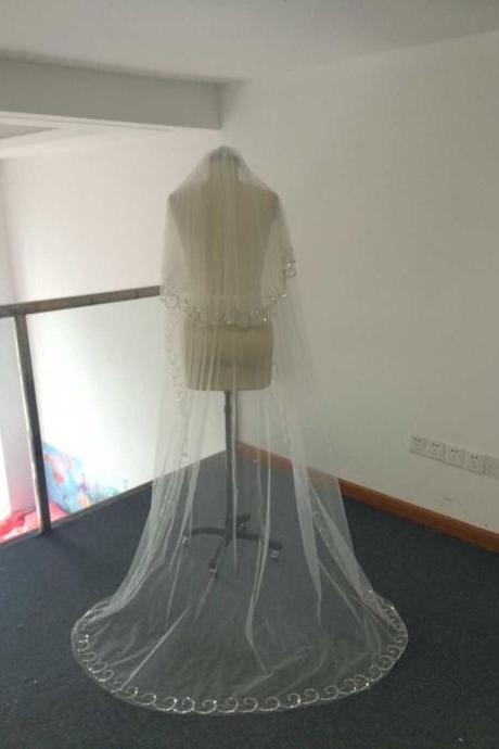 Two Layers Bridal Veils, Crystals Edge Wedding Veil, Cheap Wedding Veils, Soft Tulle Bridal Veils, 2 Meter Bridal Veils, Wedding Long Veil
