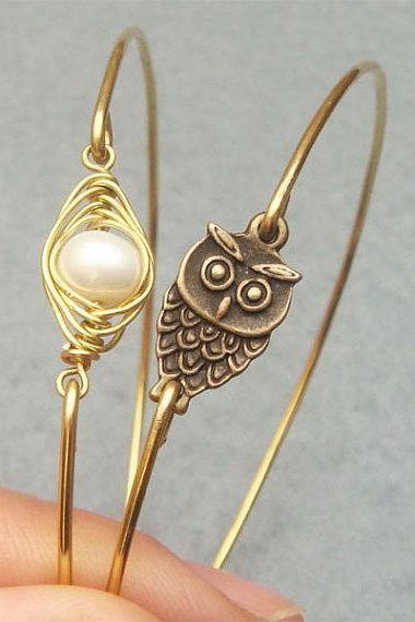 Owl and Fresh Water Pearl Bean Bangle 2 Bracelet Set