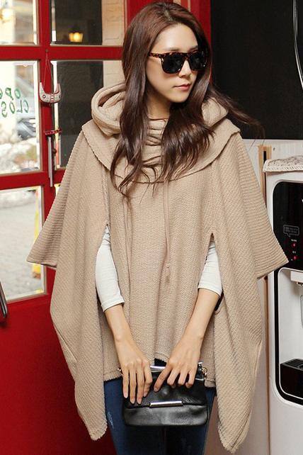 Fashion Loose Unicolor Hooded Shawl Sweater For Woman