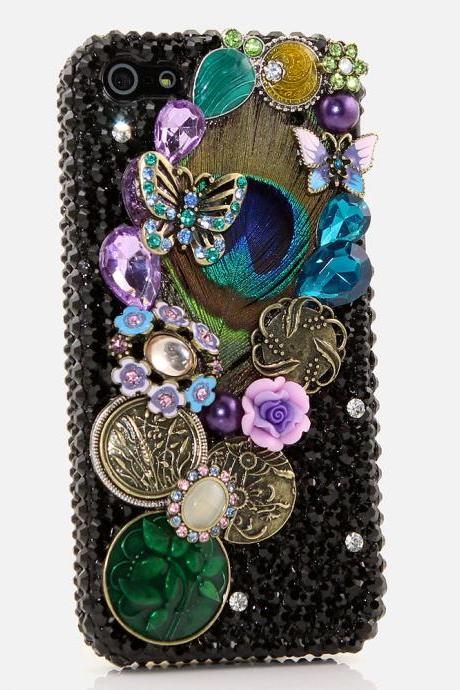 Bling Crystals Phone Case for iPhone 6 / 6s, iPhone 6 / 6s PLUS, iPhone 4, 5, 5S, 5C, Samsung Note 2, Note 3, Note 4, Galaxy S3, S4, S5, S6, S6 Edge, HTC ONE M9 (PEACOCK FEATHER DESIGN) By LuxAddiction