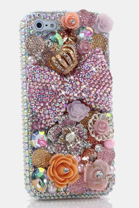 Bling Crystals Phone Case for iPhone 6 / 6s, iPhone 6 / 6s PLUS, iPhone 4, 5, 5S, 5C, Samsung Note 2, Note 3, Note 4, Galaxy S3, S4, S5, S6, S6 Edge, HTC ONE M9 (PINK BOW AND ROSES DESIGN) By LuxAddiction