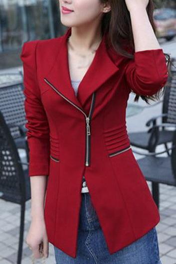 Fashion Long Sleeve Zipper Closure Red Blazer 
