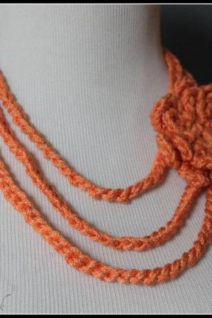 Layered Necklace Orange Cream Flower Brooch Chain Crochet Necklace