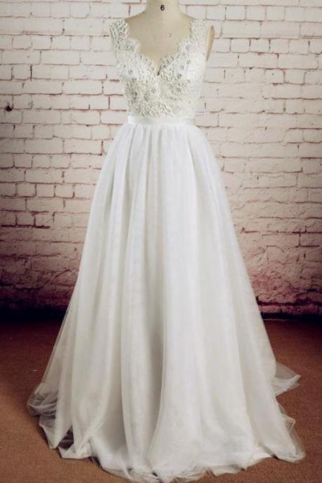 Scalloped Lace V-neck And V-back Floor Length Wedding Dress With Detachable Sash A-line Bridal Gown
