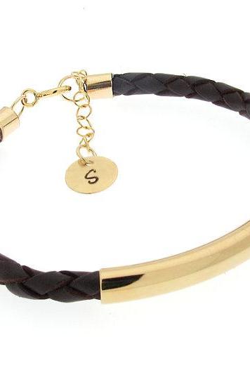 Gold Leather Bracelet - Initial Charm Bracelet - Leather Cuff Bracelet - Custom Bracelet - Personalized Bracelet