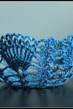 Crochet Lace Doily Bowl Basket Bright Blue