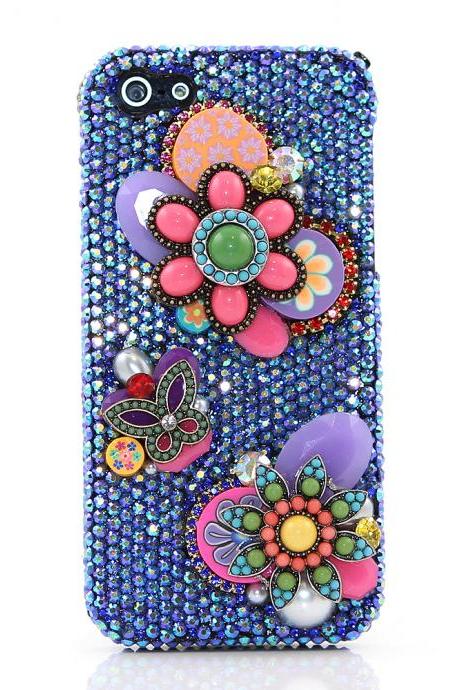 Bling Crystals Phone Case for iPhone 6 / 6s, iPhone 6 / 6s PLUS, iPhone 4, 5, 5S, 5C, Samsung Note 2, Note 3, Note 4, Galaxy S3, S4, S5, S6, S6 Edge, HTC ONE M9 (VINTAGE BLUE FLOWERS DESIGN) By LuxAddiction