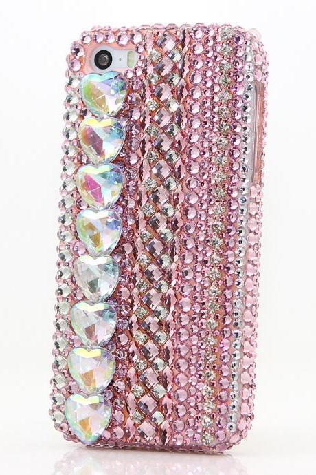 Bling Crystals Phone Case for iPhone 6 / 6s, iPhone 6 / 6s PLUS, iPhone 4, 5, 5S, 5C, Samsung Note 2, Note 3, Note 4, Galaxy S3, S4, S5, S6, S6 Edge, HTC ONE M9 (PINK AB HEART STONES DESIGN) By LuxAddiction