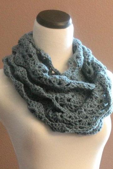 Chunky Crochet Infinity Scarf Lace Thick Cowl Neckwarmer Scarf Slate Blue