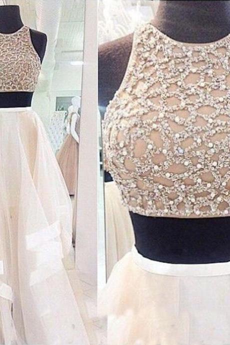 Formal Beaded Crop Top Two Piece Prom Dress Sleeveless 2015 Prom Dress Lovely Crop Top 2 Piece Prom Dresses