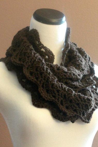 Chunky Crochet Infinity Scarf Lace Thick Cowl Neckwarmer Scarf Espresso Brown