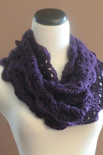 Lace Infinity Scarf Chunky Crochet Thick Cowl Neckwarmer Scarf Snood Plum Purple