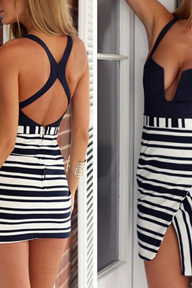 Design V-neck Striped Halter Dress